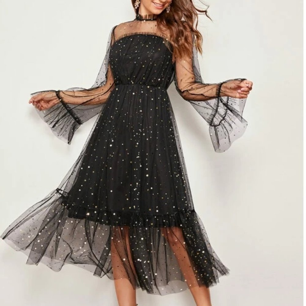 NWOT SHEIN Mock-Neck Flounce Sleeve Frill Trim Star Mesh Maxi Dress
